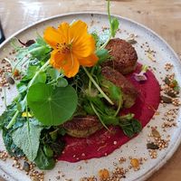 Falafel with beetroot humus and savoury granola at Vanilla Food in Noosaville