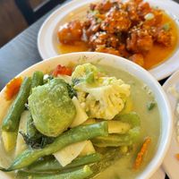 Green curry and Orange chicken  at Samata Vegan House in Hollywood