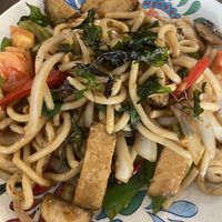 Spicy udon noodle with vegan fish  at Samata Vegan House in Hollywood