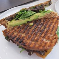 Avo portobello panini. A flax and spelt bread with balsamic portobello mushrooms, avocado, caramelized onions, spinach, basil pesto mayo, and a very delicious cashew cheese.  at Fruitive - Colley Ave in Norfolk
