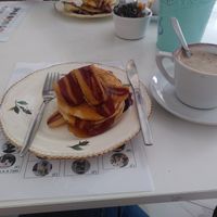 Pancakes with 'bacon' and maple syrup at Purple Cat Cafe in Glasgow