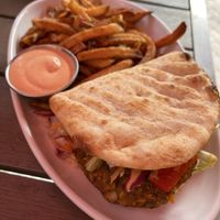 Vegan white bean burger on grilled naan   at The Fairmount Cocktail Bar in Cleveland Heights