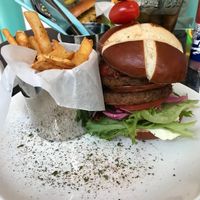 Vegan soy burgers and fries at Roxy's Diner & Bar in Bergen