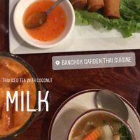 Had Veggie rolls, soup, Thai tea, and fried rice, all really good! at Bangkok Garden in Sacramento