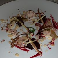 Beets and hearts of palm with candied ginger and pickled banana flowers, second course of the set menu at The Pepper Tree in Phu Quoc