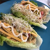 “Tuna” done in a lettuce wrap. Chickpeas flavored to taste like tuna, actually fabulous at Cali Cafe in Cozumel