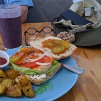 Buffalo Chicken Sandwich and smoothie. at Cali Cafe in Cozumel