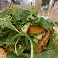 The mountain of salad on the Vegan waffle, after it collapsed  at Coeur d' Artichaut in Avignon