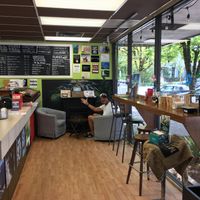 My hubby waiting for his wrap at Wild Trails Coffee in North Vancouver