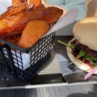 Beetroot burgs with sweet potato fries at Hale & Hearty in Waterloo