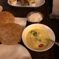 Poori bread with jackfruit and potato curry at Kathakali Indian Cuisine in Kirkland