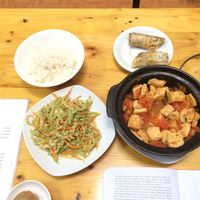 Springroll, steamed rice, tofu in tomato sauce at Hao Tea House in Ha Giang