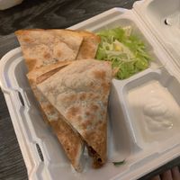 Quesadilla with carnitas. Comes with crema (I think it's tofutti based) at Doomie's NextMex - Vine in Hollywood