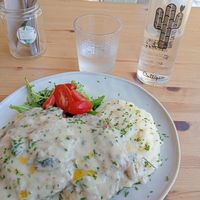 Happy seitan. Chuleta de seitan empanada con salsa de setas y puré de patatas. at Happy Cactus in Fuerteventura