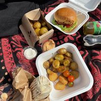 spicy burger with potatoes, shawarma wrap and nuggets  at Forky's - Veleslavinova in Prague