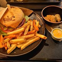 Cheeze Burger with sweet potato and potato fries, spicy sauce and extra 'chicken' nuggets and lentil rolls at Forky's - Veleslavinova in Prague
