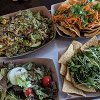 Veganised Vietnamese salad, vegan chilli with nachos, salad. at The Lively Daikon in Durango