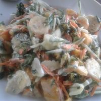 My favorite! A green salad with raw homemade coconut dressing. Ask for it raw. I added some organic mango as well. at Organic Vegetarian Food by Mrs. Pong in Koh Phangan