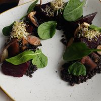 Portobello mushroom with black lentil ragout and roasted beetroot at Glow in Belgrade