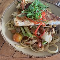Vegan pasta with coconut crusted tofu  at Huggo's in Kailua Kona