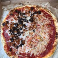 Vegan pizza with vegan chorizo and olives at Blaze Pizza in Hicksville