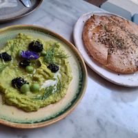 August 2025 - Avocado, pea, chermoula, kelp caviar, lemon, house bread at Yes Yes Yes in Helsinki