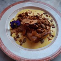 August 2025 - Apple cake, saffron anglaise, pumpkin speeds, spiced oats at Yes Yes Yes in Helsinki