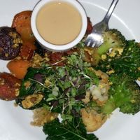 Vegan Scramble with rainbow carrots, broccoli, tofu and tahini dressing. at Kismet in Montpelier