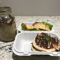 Banana blossom soup, tiny tofu clubhouse, mushroom and tomato pizzetta  at The Moth Cafe - Downtown in Edmonton