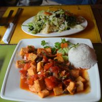 tofu in tomato sauce and fried noodles at Viet Emotion in Sapa