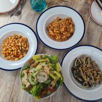 Pastas left to right: gnocchetti sardi with napolitana sauce; penne with eggplant, tomato and basil; cavatelli with wild mushroom, crispy sage and pangratato. Salad: fattouche 'Lev at La Casina  in Naturaliste
