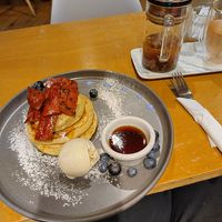 Vegan facon pancakes with blueberries and coconut ice-cream at Kibble Bakery in Skipton