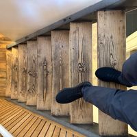 Amsterdam step stairwell to restrooms.  at Pancakes - Prins Hendrikkade in Amsterdam