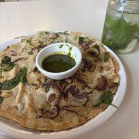 Veggie Pancake (zucchini, mushrooms, spinach, onions) with pesto dip  at Pancakes - Prins Hendrikkade in Amsterdam