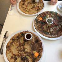 Banana and maple syrup x2 and 1 savoury pancake! Delicious  at Pancakes - Prins Hendrikkade in Amsterdam