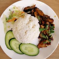 Vegetarian roasted pork rice at Maitree Cafe 慈素轩 in Central Singapore