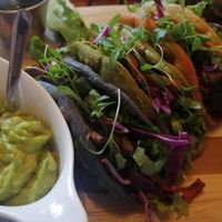 Tacos de seitan y hongos con tortillas de colores at La Bruja Vegan Foods in Antigua