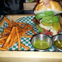 Mushroom burger, olive bread at La Bruja Vegan Foods in Antigua