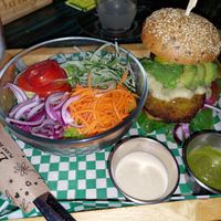 Eggplant burger, seed bread at La Bruja Vegan Foods in Antigua