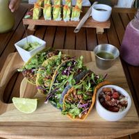 Tempeh tacos and avocado sushi  at La Bruja Vegan Foods in Antigua