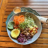 Bowl with tempeh  at La Bruja Vegan Foods in Antigua