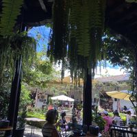 view from the restaurant of the square  at La Bruja Vegan Foods in Antigua