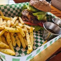 Built our own burger at La Bruja Vegan Foods in Antigua