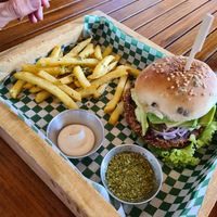 Bean and quinoa burger at La Bruja Vegan Foods in Antigua