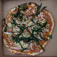 Beyond meat pizza at La Bruja Vegan Foods in Antigua