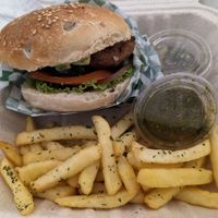 Seitan burger at La Bruja Vegan Foods in Antigua