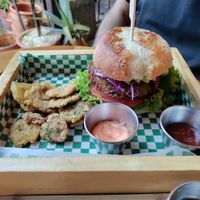 Delicious falafel burger with tostones at La Bruja Vegan Foods in Antigua
