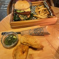 Enchiladas and Seitan-Burger   at La Bruja Vegan Foods in Antigua