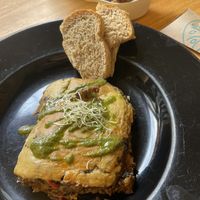 Eggplant musaka and extra tempehh  at La Bruja Vegan Foods in Antigua