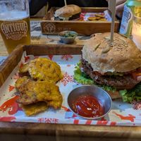 Antigua burger with Antigua IPA at La Bruja Vegan Foods in Antigua